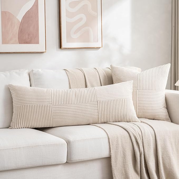 Fancy Homi Set of 2 Cream Boho Long Lumbar Body Decorative Throw Pillow Cover 14x36 Inch for Bed Couch Bedroom Bench, Soft Patchwork Corduroy Textured Pillow Case, Rustic Farmhouse Room Décor