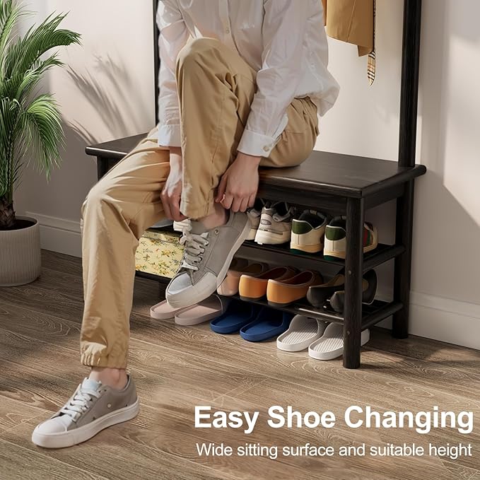 Coat Rack with Shoe Storage, Wooden Hall Tree with Bench, 11 Hooks and 2-Tier Storage Shelves, 3-in-1, Entryway Bench with Coat Rack (31.5"-Deep Black)