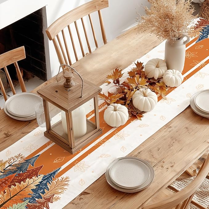 GEEORY Fall Watercolor Trees & Maple Leaves Striped Table Runner 13x108 Inch, Rustic Farmhouse Autumn Thanksgiving Decor for Kitchen, Dining, Indoor/Outdoor Holiday Dinner Party Orange GT157-108