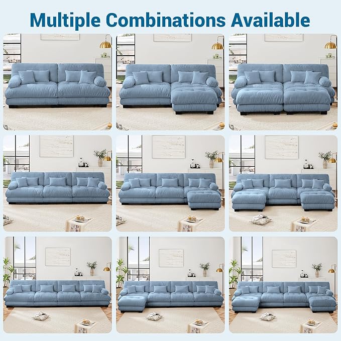 Modular Sectional Sofa, Comfy Cloud Couch 3 Seater Couch with Ottoman, Sectional Couches for Living Room, Modern Chenille U Shaped Couches, Sleeper Deep Seat Sofa with Throw Pillows, Blue