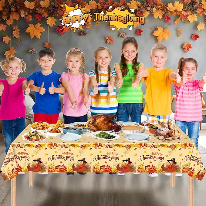 2 Pack Happy Thanksgiving Tablecloth - Fall Thanksgiving Turkey Table cloths, Disposable Plastic Rectangle Autumn Pumpkin Maple Leaf Table Cover for Thanks Giving Tables Decor Party Supplies,108x54In