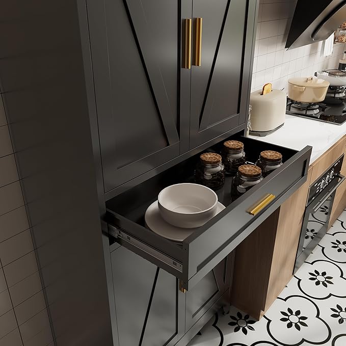 71 "Farmhouse Metal Filing Cabinet with a Drawer and 4 Adjustable Shelves, with 4 Large barn Door White Kitchen Cabinets, Metal Food Cabinets for Home, Kitchen, Dining/Living Room (Black)