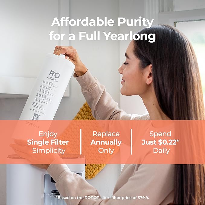 Bluevua RO100ROPOT-LITE Countertop Reverse Osmosis Water Filter System, 5 Stage Purification, 3:1 Pure to Drain, Portable Water Purifier (No Installation Required) (White)