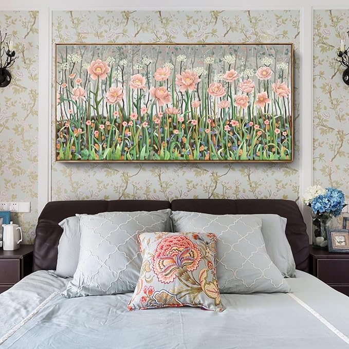 amatop Framed Oversized Floral Canvas Wall Art Canvas Print Modern Botanical Flower Field Rustic Wall Decor Abstract Nature Blooming Wildflower Pale Pink Green Artwork for Living Room Bedroom Office 58x29 in