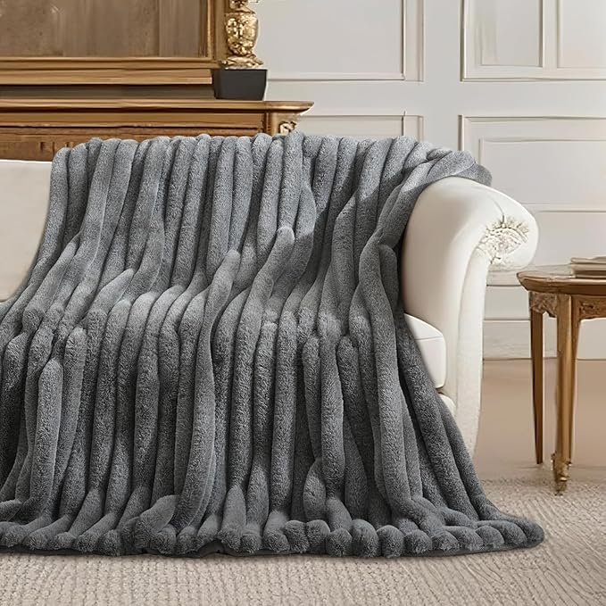 Amélie Home Faux Fur Throw Blanket for Couch, Ultra Cozy Fuzzy Fluffy Fur Luxurious Soft Striped Plush Gift Blankets for Family Sofa Chair Bed Living Room Bedroom, 60"x80", Ionic Wolf Gray
