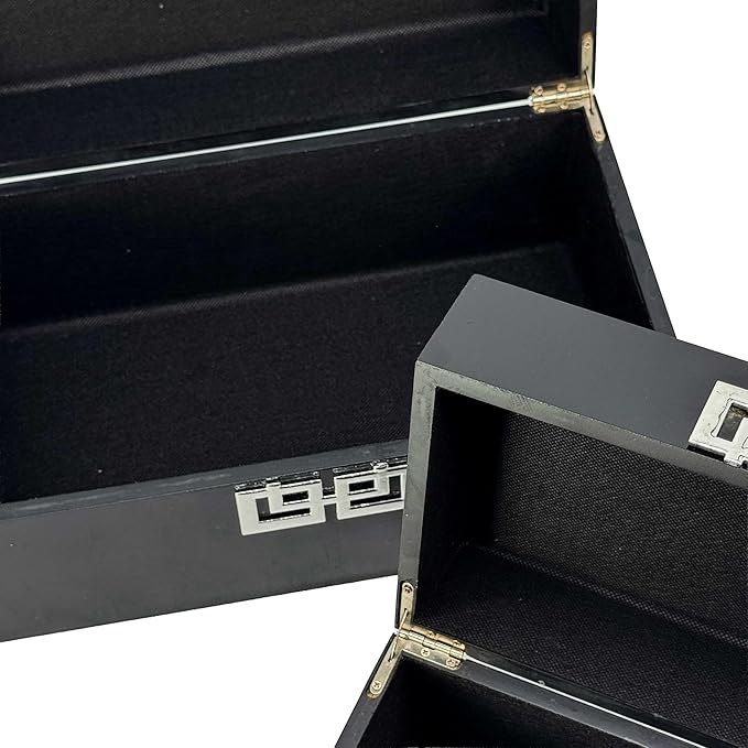 Galt International Storage Box Set Decorative Storage Box w/Hinged Lid Classic Design Wood Decor Boxes with Geometric Clasp Storage for Bedroom & Home - Set of 2 (Black & Silver)