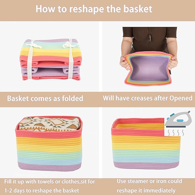 3-Pack Rainbow Storage Baskets 14.5X9.5X9.3“ – Woven Toy Organizer Bins for Kids, Baby Room, Nursery, and Classroom – Cute Square Rope Baskets for Shelves and Organization Rainbow