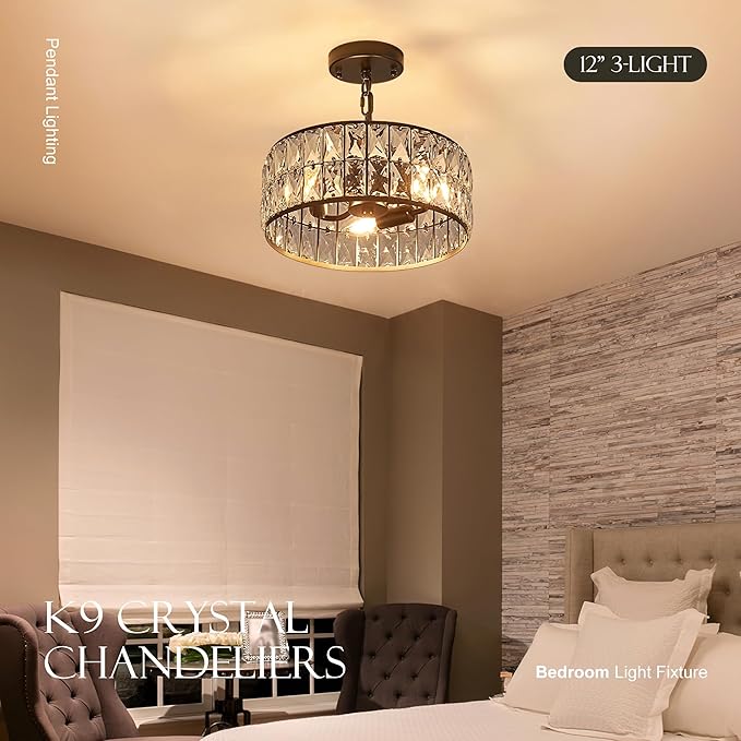 12โ 3-Light Modern Crystal Chandeliers Black Dinning Room Light Fixture, Round Pendant Light Kitchen Island Chandelier, Flush Mount Ceiling Light for Living Room Entryway Bedroom Foyer