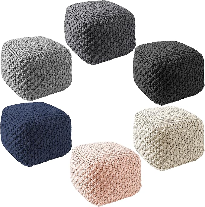 Casafield Square Pouf Ottoman, Navy Blue 18.5" W x 18.5" D x 14.5" H Cotton Knit Foot Stool - Boho Floor Pouffe for Living Room, Bedroom, Home Office
