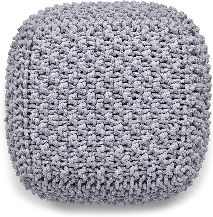 BIRDROCK HOME Square Pouf Ottoman | Cotton Braided Foot Stool with Bean Bag Filling | Boho Foot Rest for Living Room, Bedroom | Compact & Comfortable Seating, Lightweight & Sturdy | Grey