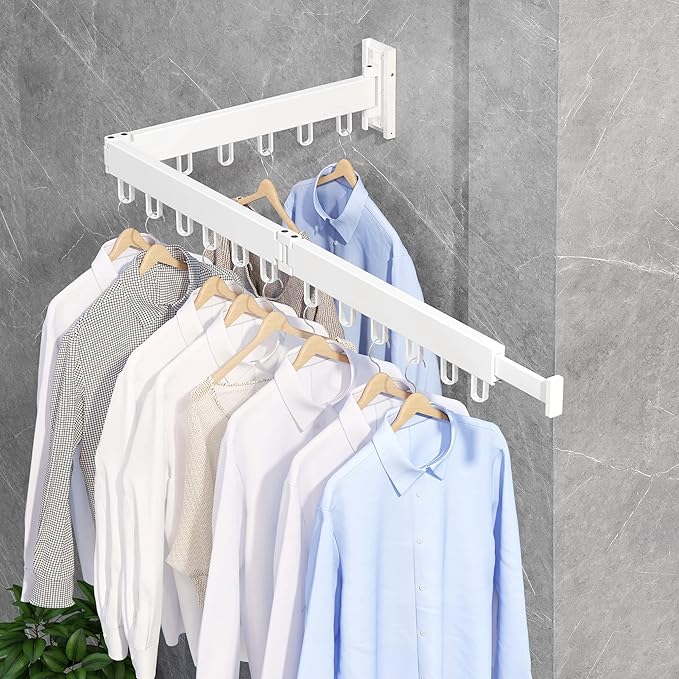 Clothes Drying Rack Wall Mounted,Drying Rack Clothing,Clothes Hanging Rack,Retractable,Collapsible(Tri-Fold), White Color(Ring)