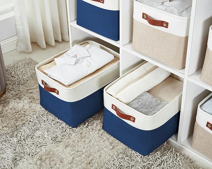 DECOMOMO Storage Bins Fabric Storage Baskets for Shelves, Linen Closet Organization Toys Nursery (Navy Blue and White, Large - 3 Pack)