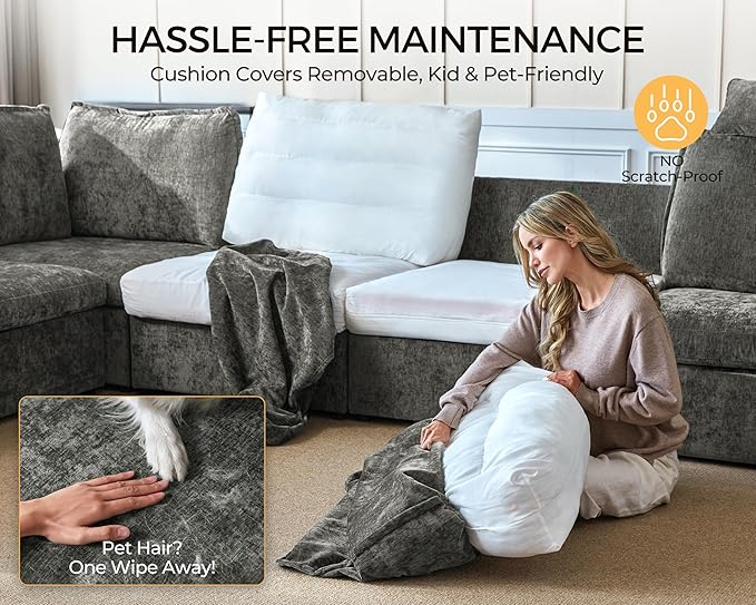 Oversized Modular Sofa Comfy Cloud Couch with Storage, Extra Deep Plush Sectional Sofa Set for Living Room, Covers Washable, Chenille, Olar (Grey, 3-Seater, Basic Shape)