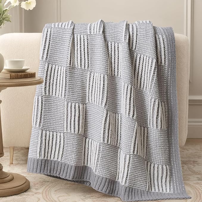 Amélie Home Chenille Knit Throw Blanket for Couch, Checkered Texture Decorative Soft Blanket for Sofa, Bed & Living Room, 50"x60", Grey & White