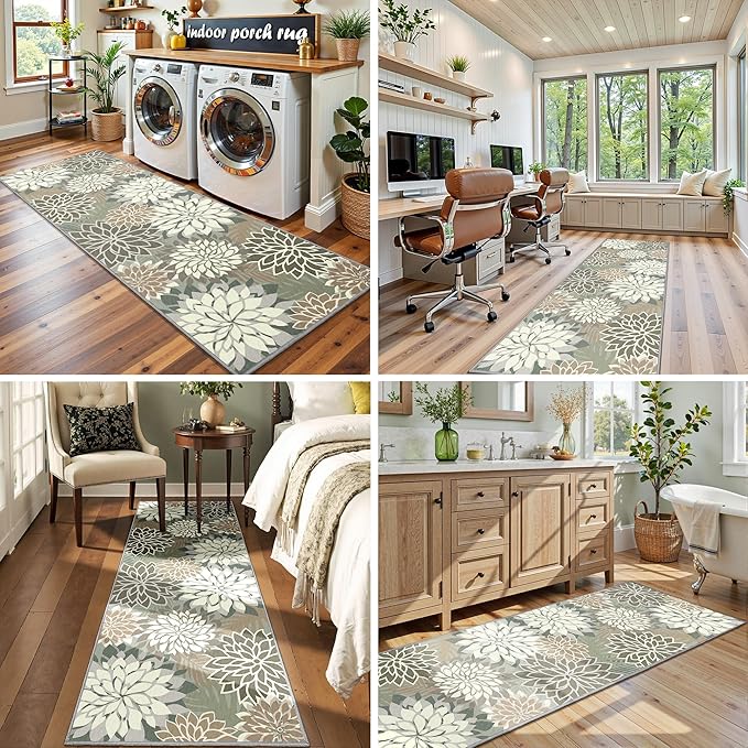 Area Rug 2x6 Brown White Washable Entry Rug Multicolored Tropical Botanical Modern Floral Indoor Kitchen Door Mat Entrance Carpet Non Slip for Bedroom Living Room, Porch