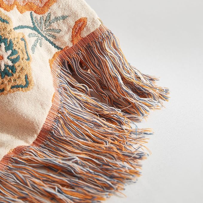 Boho Throw Blanket for Bed 80”x90”, 100% Cotton Woven Blanket for Couch Sofa, Ultra Soft 4-Layer Muslin Quilt with Floral Printed, Farmhouse Bed Blanket/Cover for Living Room Decor