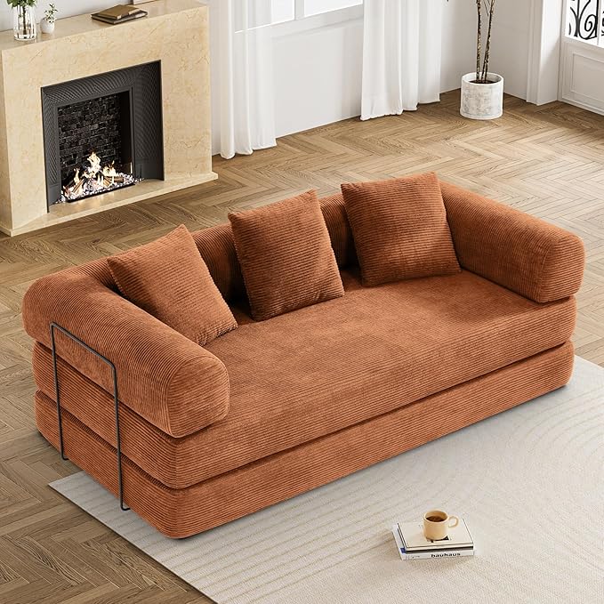 Convertible Sleeper Sofa Bed with Pillow, 4-in-1 Corduroy Folding Mattress Couch with Fixed-Shape Frame, Futon Fold Out Floor Sofa Cama Lounge Couch for Living Room Bedroom, Orange