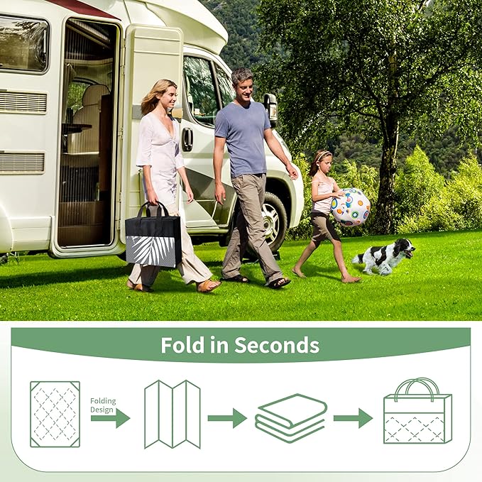 GENIMO Outdoor Rug 6' x 9' Waterproof for Patios Clearance, Reversible Outdoor Plastic Straw Camping Rug Carpet with LED String Light, Area Rugs Mats for RV, Camper, Deck, Balcony, Porch, Grey&White