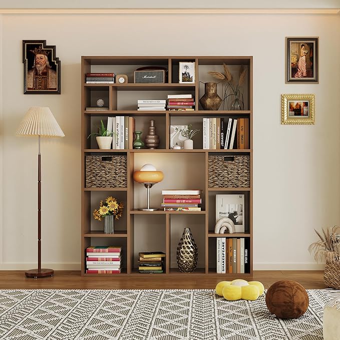 6-Tier Large Open Bookcase 71” Tall Sturdy Wooden Bookshelf with Baskets,Modern Style 16-Cube Home Display Shelf for Bedroom, Living Room(Oak Color)