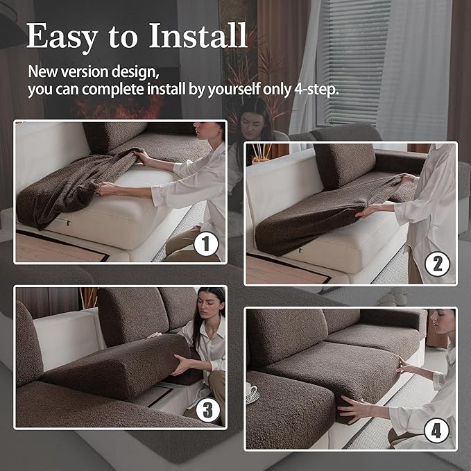 Couch Cushion Covers for Sectional Sofa, Stretch Soft Sofa Slipcovers Washable Wear-Resistant Universal Furniture Protector for Living Room(2 Seaters Covers+1 Chaise Cover, Brown)