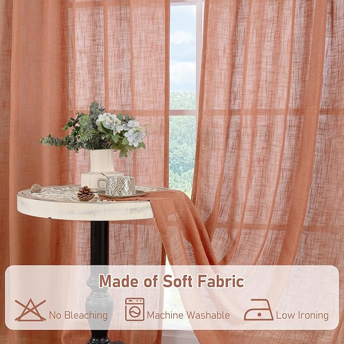 LAMIT Terracotta Linen Sheer Curtains 90 inch for Living Room, Soft Thick Bronze Grommet Light Filtering Boho Window Textured Neutral Fall Decor Drapes for Bedroom, 2 Panels Set, 52 x 90 Inch