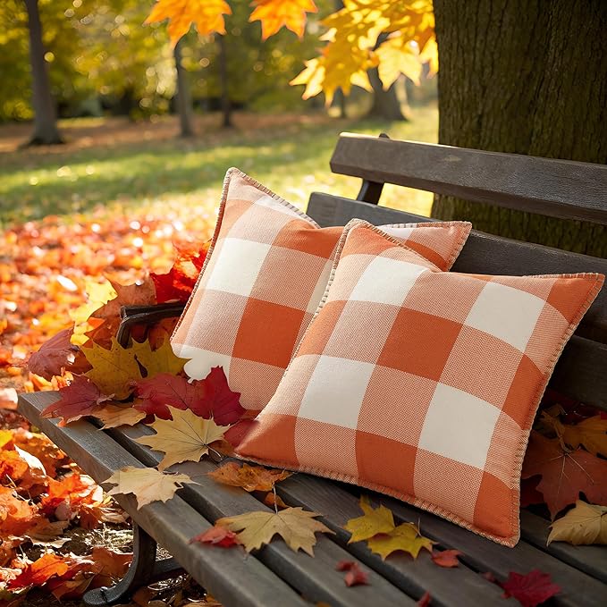decorUhome Fall Orange and White Decorative Throw Pillow Covers 22x22 Set of 2, Buffalo Plaid Check Farmhouse Cushion Covers with Stitched Edge for Autumn Harvest Couch Sofa Bed Home Decor