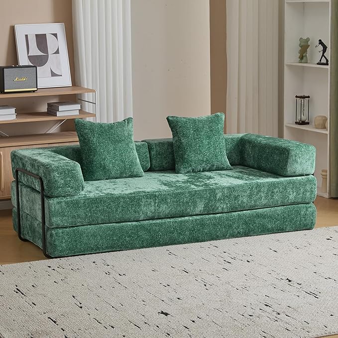 Convertible Sleeper Sofa Bed, Compression Folding Sofa with Pillow, No Assembly Required, Shape Frame, Floor Sofas Lounge Couch for Living Room, Bedroom, Small Spaces(Chenille, 77''W, Dark Green)
