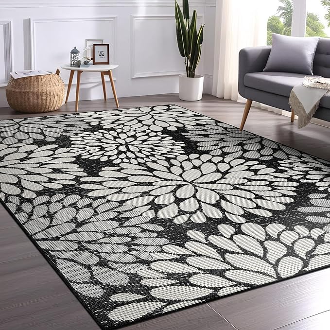 Beverly Rug Outdoor Rug 10x14 Modern Exotic Tropical Leaf Area Rugs for Indoor and Outdoor Patio Deck Porch Garden Water Resistant Washable Outside Carpet (10 x 14 Dark Gray)