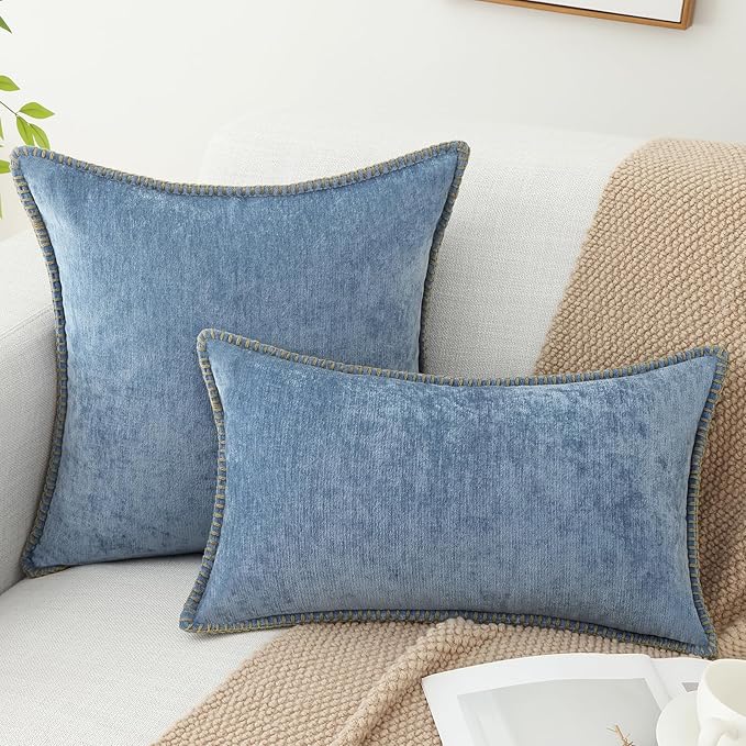 decorUhome Chenille Soft Throw Pillow Covers 18x18 Set of 2, Farmhouse Velvet Neutral Decorative Euro Pillow Covers with Stitched Edge for Couch Sofa Bed Home Decor, Blue
