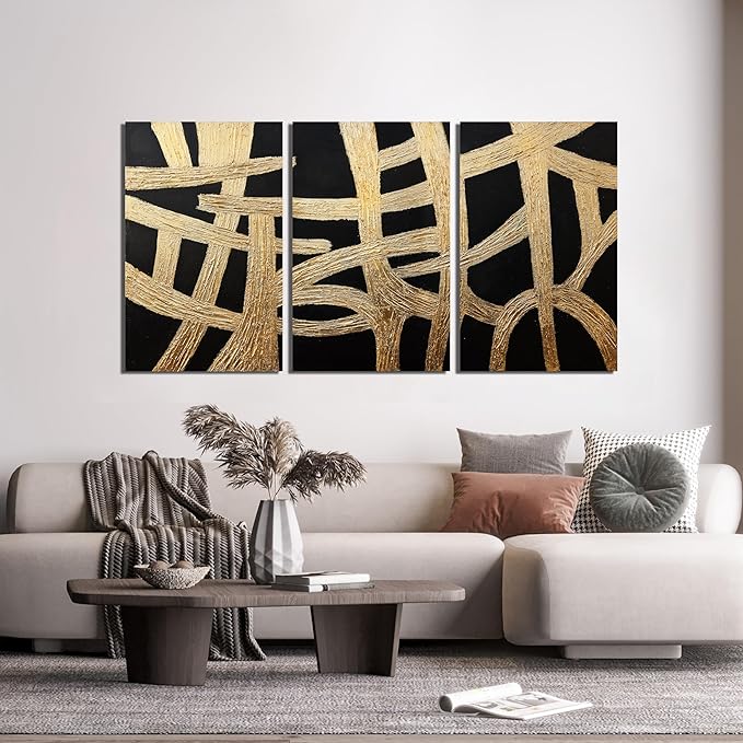 Canvas Wall Art Decor Large Wall Art Pictures for Living Room Black And Gold Wall Art Decor Artwork for Walls Abstract Textured Wall Art Prints Art Work For Room Office Home Wall Decor 24" X 36" *3pcs