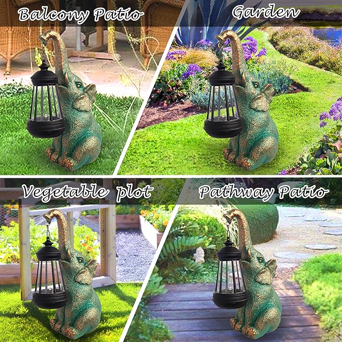Elephant Garden Statue Outdoor Décor with Solar Lights Lantern,Elephant Solar Light Figurines Outside Decorations for Yard,Lawn Patio, Balcony, Unique Housewarming Gifts