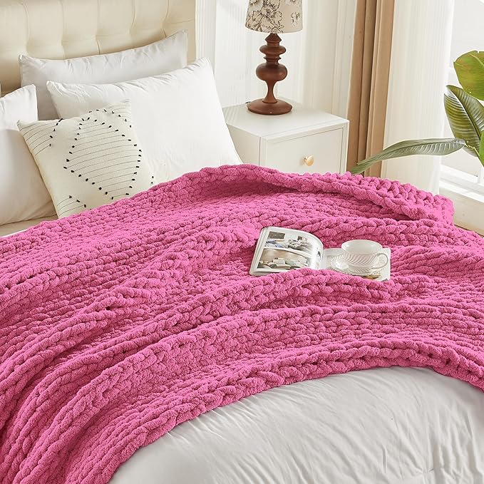 Carriediosa Chunky Knit Throw Blanket 50" X 60", 100% Hand Made Large Chenille Loop Yarn Soft Fluffy Throws for Couch Sofa Bed, Big Crochet Cozy Heavy Thick Cable Woven Blankets, Hot Pink