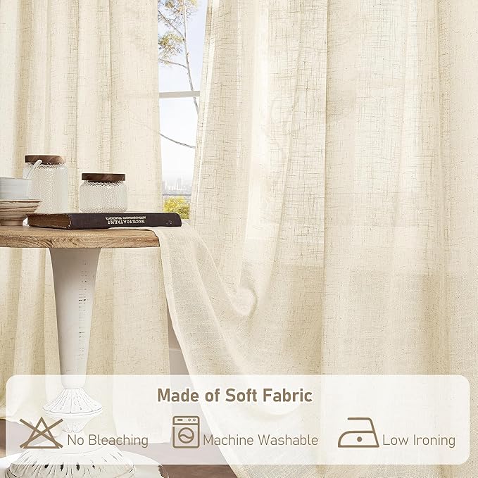 LAMIT Short Linen Curtains 40 inches Long for Small Window, Bronze Grommet Linen Drapes Light Filtering Sheer Window Curtains for Kitchen, Set of 2 Panels (34 x 40 Inch, Beige)