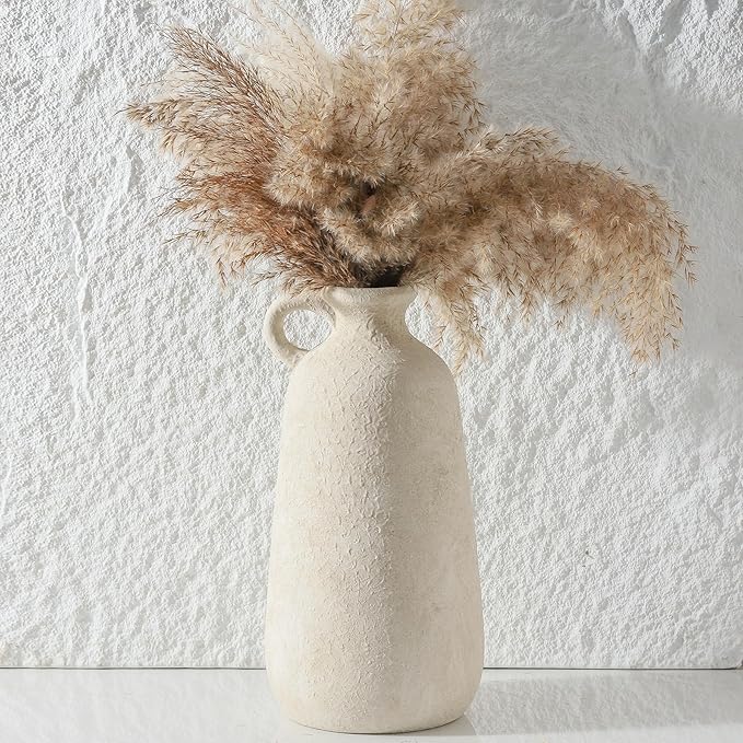 Ceramic Rustic Vase, 12.8" Large Flower Vases Home Decor Pottery Farmhouse Decorative Vase Boho Neutral Pampas Vases for Mantel Entryway Table Living Room Shelf Kitchen