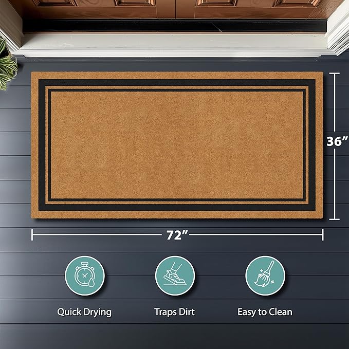 Barnyard Designs Natural Coco Coir Heavy Duty Backing Doormat - Large Cute Non-Slip Front Door Welcome Mat for Outside Entrance or Porch Entry, Brown (36x72, Border)