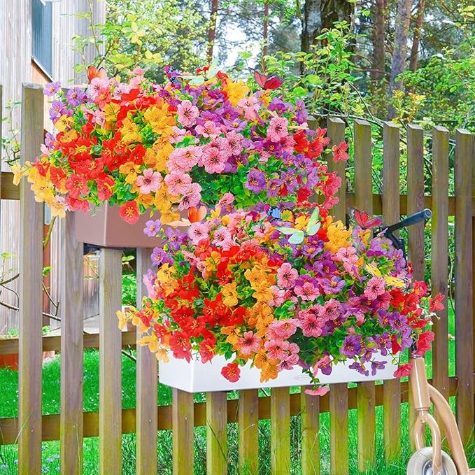 20 Bundles Artificial Flowers for Outdoors with 6 Faux Butterflies, UV Resistant Fake Flowers with Eucalyptus Leaves, Artificial Plants Outdoor for Patio Garden Porch Home Decor (Mix 4 Colors)