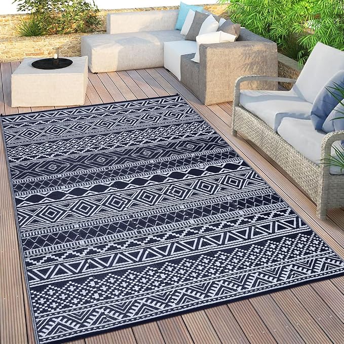 GAOMON Outdoor Rug Waterproof 8'x10', Reversible Outdoor Plastic Straw Rug, Boho Patio Rug, Indoor Outdoor Carpet, RV Mat Outside for Patio, Camp, Picnic, Balcony, Deck, Dark Blue/White(Bohemia)