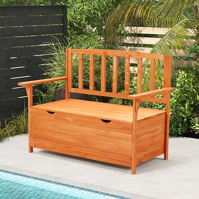 AVAWING Outdoor Storage Bench, Wooden Garden Bench Weatherproof, Patio Benches for Outside, 2-Seat Front Porch Bench, Park Bench for Deck, Lawn, Backyard(Natural)