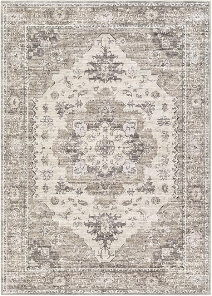 Washable Area Rugs for Living Room - 10x14 Neutral Vintage Distressed Floral Farmhouse Boho Large Soft Floor Rug Indoor Non Slip Carpet for Living Room Bedroom Dining Room Office-Brown/Beige