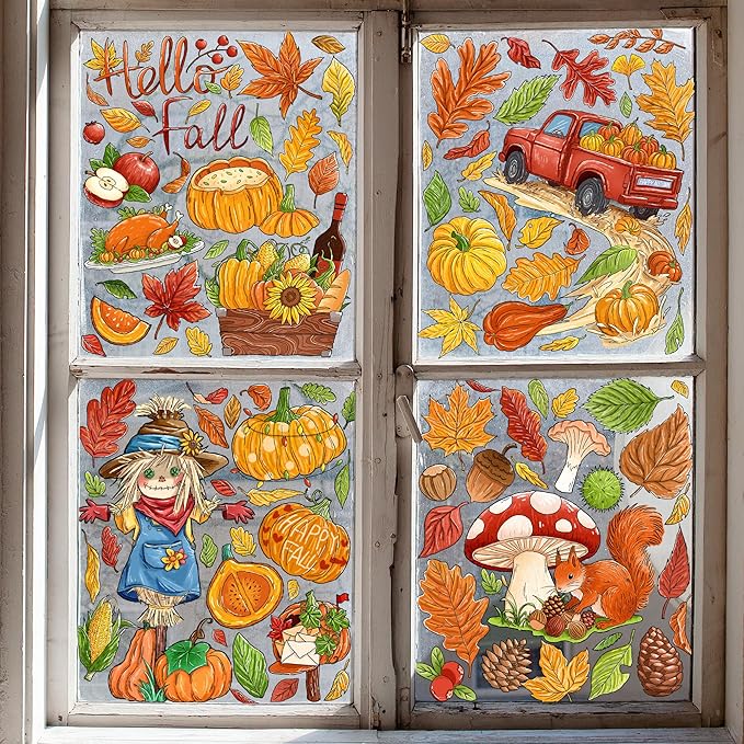 Fall Window Clings Decorations - Leaves Pumpkin Scarecrow Autumn Clings for Glass Windows, Double Sided Reusable Window Stickers, Cute Large Thanksgiving Harvest Window Decals-184 PCS/9 Sheet
