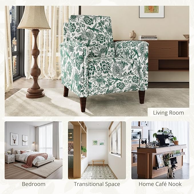Floral Accent Chair, High Back Upholstered Armchair with Solid Wooden Legs, Padded Armrest and Removable Comfortable Cushioned Seat Single Sofa for Living Room, Bedroom, Green