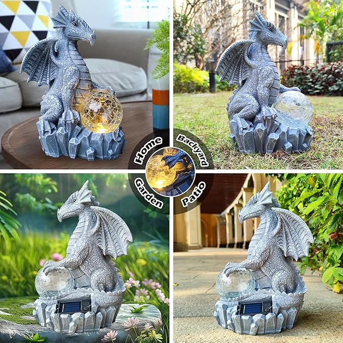 Dragon Solar Garden Statues Outdoor Decoration with Magic Orb,Dragon Figurine Solar LED Lights Lawn Décor,Outside Statue Ornament for Patio, Balcony, Yard,Unique Gifts for Mom Grandma