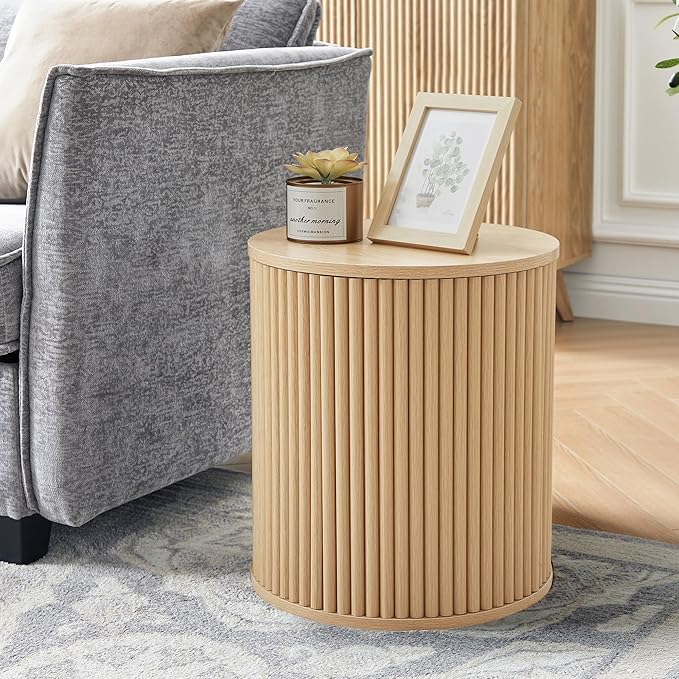 AVZEAR Small Round Side Table Fluted Night Stand Set of 2, Modern Boho End Table with Storage, Circle Bedside Tables Wood Nightstands for Small Spaces, Living Room, Bedroom (Nature)