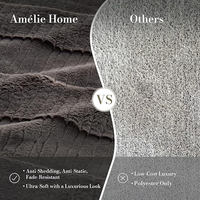 Amélie Home Luxury Striped Faux Fur Throw Blanket for Couch, Embossed Split Fur Cozy Fuzzy Fluffy Luxurious Soft Plush Sofa Chair Bed Gift Blankets for Women Men Wife Friend, 55"x70", Charcoal Gray