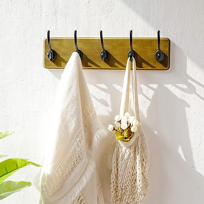 Dseap Coat Rack Wall: Patented, Heavy-Duty, 5-Double-Hooks Wooden Wall Mounted Coat Rack Coat Hanger Hook Rail for Winter Coats Hat Jacket Clothing, Weathered Green, Pack of 2