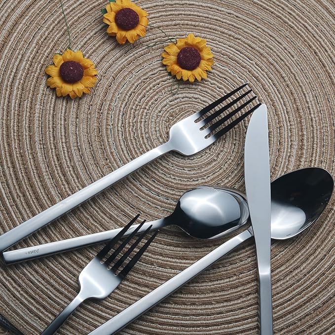 Alata Cube 40-Piece Forged Stainless Steel Flatware Set Cutlery Set, Silverware Set Service for 8, Mirror Finish, Dishwasher Safe