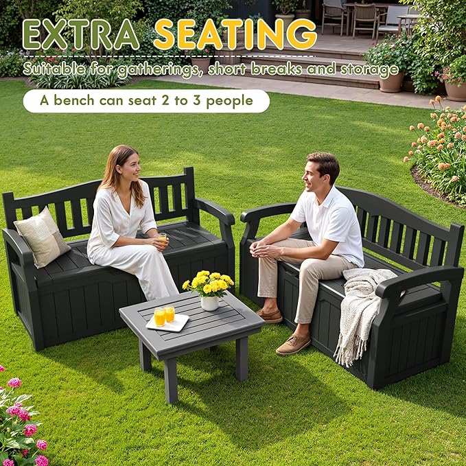 Greesum 80 Gallon Storage Bench Outdoor Deck Box with Armrest, Patio Furniture,Lockable, Waterproof and UV Resistant, Suitable for Garden, Pool, Black