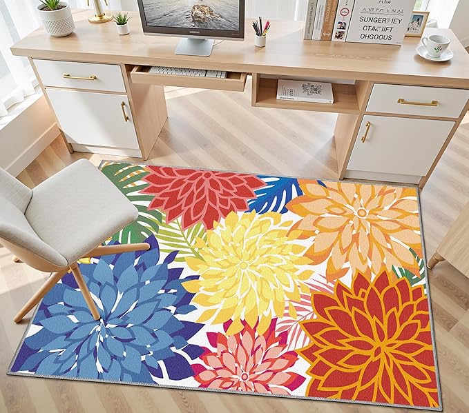 Area Rug 3x5 Washable Entry Rug Multicolored Tropical Botanical Modern Floral Indoor Kitchen Door Mat Entrance Carpet Non Slip for Bedroom Living Room, Porch