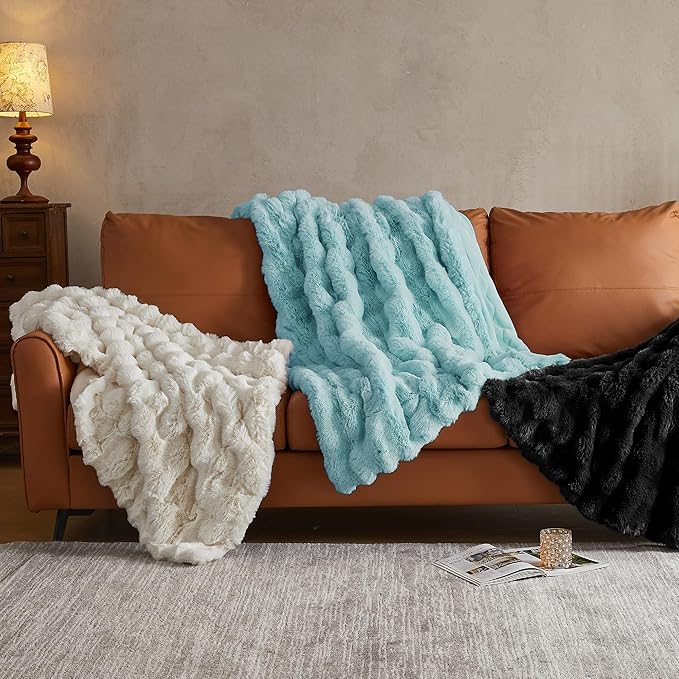 JELLYMONI Faux Fur Throw Blanket, Black for Couch, Fuzzy Cozy Plush Bubble Bed, Thick and Warm, Twin (60" x 80")
