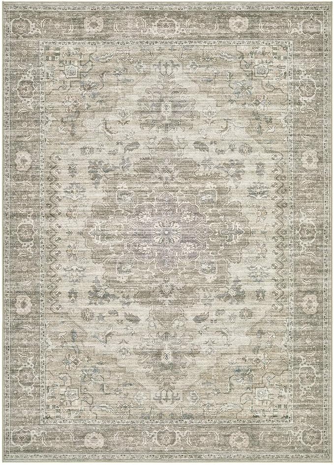 Washable Area Rugs for Living Room - 7x9 Neutral Vintage Distressed Floral Farmhouse Boho Large Soft Floor Rug Indoor Non Slip Carpet for Living Room Bedroom Dining Room Office - Brown/Tan
